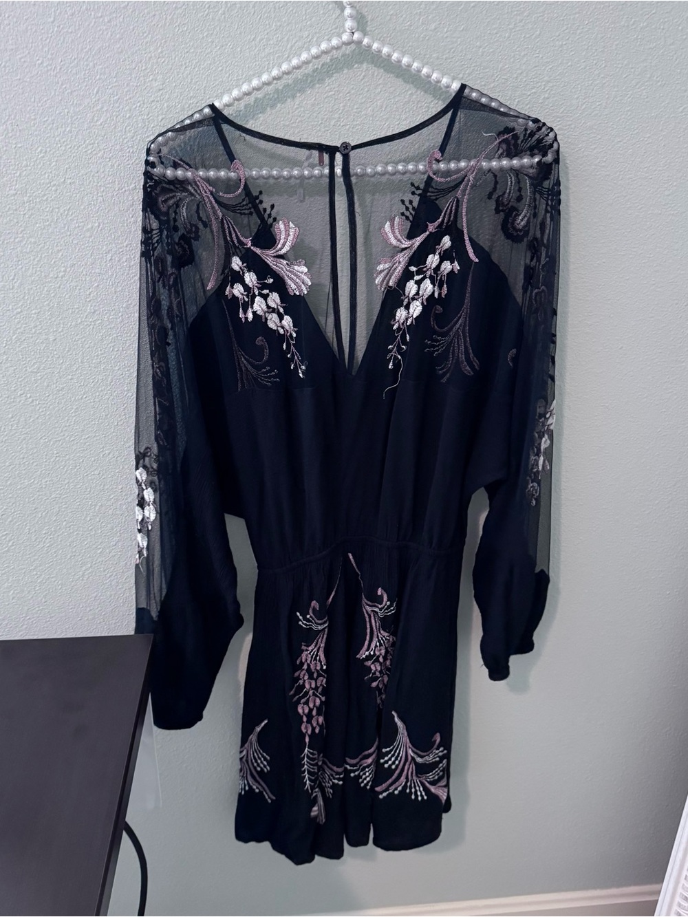 Free People Black Dress with Cream Floral Embroidery and Sheer Long Sleeves - Picture 3 of 3